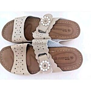 Golden Road NY Sandals Slip on Sz 10 Tan Comfort Adjustable Strap Leather